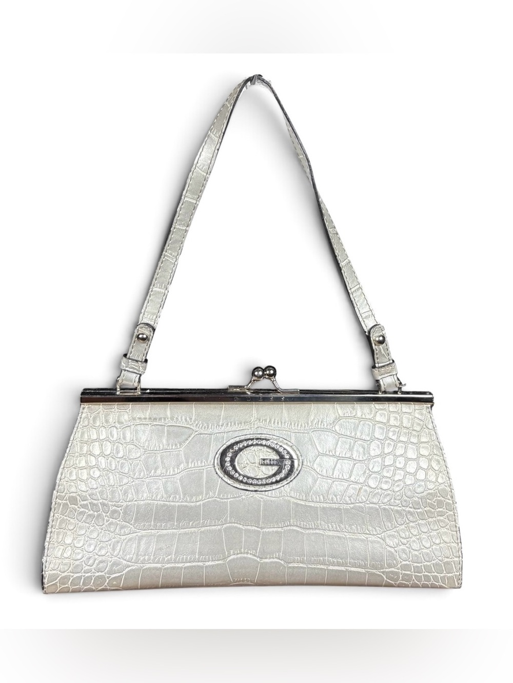 Y2K Guess Croc Leather Rhinestone G Logo Kisslock Shoulder Bag Handbag Purse